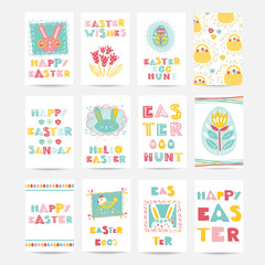 Vector set of six Easter cards with rabbit, holiday lettering, eggs, flowers, basket.