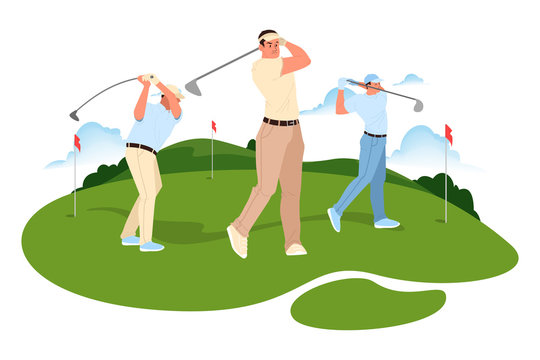 Man play golf. Man holding a golf club and hitting the ball.