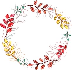 vector round wreath, twigs and leaves with watercolor hand-drawn colored paints with bright contour
