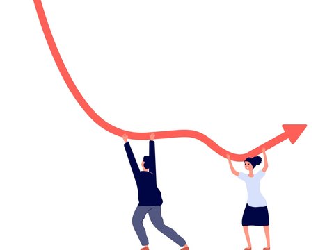 Business bankruptcy. Economy crisis and recession. Bad graphic, businessman failure or economic way. Negative investment vector concept. People hold way arrow trend, problem decline illustration