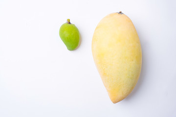 Ripe mango and small mango On a white background.soft focus.