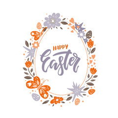 Vector Easter greeting card with egg, flowers, lettering and butterflies.