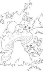 Coloring of Easter Greeting card with rabbits and egg