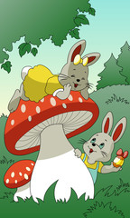 Colorful Easter Greeting card with rabbits and egg