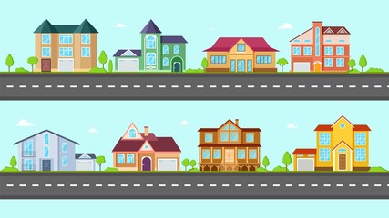 Flat cottage. Neighborhood houses, villa and residential on street. Suburban village at road. Property, family buildings or real estate vector illustration. Cottage neighborhood, housing residence