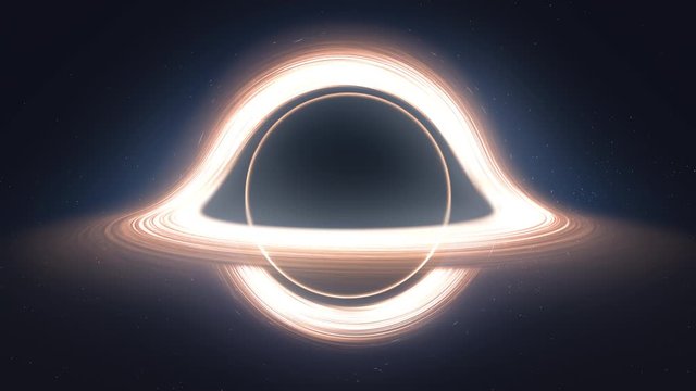 4K Visualization of a black hole with a bright accretion disk. Light and gas revolve around a massive black hole. The simulation is based on real data. Gravity Lens Effect on background. Space footage