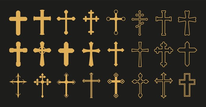 Christian cross. Gold crosses, simple decorative crucifix. Catholicism church religion vector symbols. Christianity and catholicism symbol shape, crucifix cross illustration