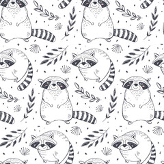 Vector seamless pattern with hand drawn raccoon animals, jungle plants and trees. Colorful endlss background.