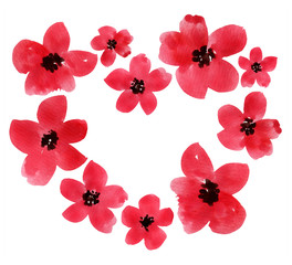 Elegant hand drawn watercolor florals element combined into a heart frame. Valentine's love design. Bright red poppy loose watercolour flowers