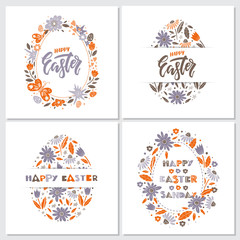 Vector Easter greeting card with egg, flowers, lettering, butterflies and butterflies
