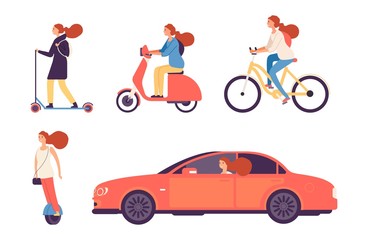 Women and transport. Girl bicycle and scooter, in car. Isolated female driving and riding vector set. Urban rider, trip driving female illustration