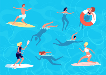 People swimming. Summer swim, woman man in vacation. People in sea or ocean, surfing and relaxing in water. Swimmers vector illustration. Summer holiday, vacation sea swim, relax in pool