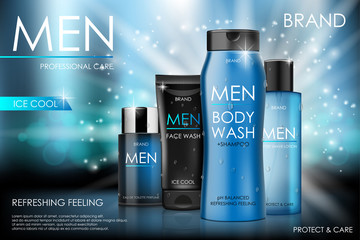 Body care products for men. Body and face wash, shampoo, perfume ads with soft bokeh in 3d illustration on glittering background