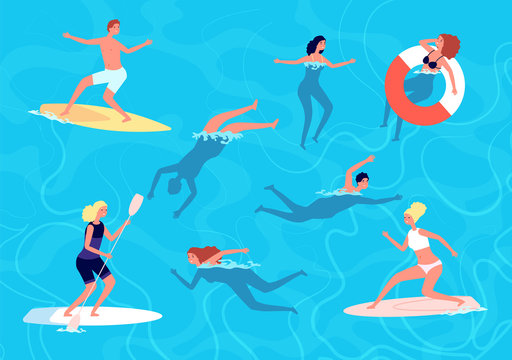 People swimming. Summer swim, woman man in vacation. People in sea or ocean, surfing and relaxing in water. Swimmers vector illustration. Summer holiday, vacation sea swim, relax in pool