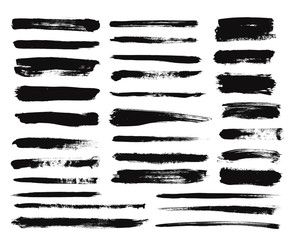Ink brush stroke. Dry paint long smear, black stains. Isolated textured straight lines or art grunge design elements. Vector drawing set. Paint brush, grunge ink stroke illustration