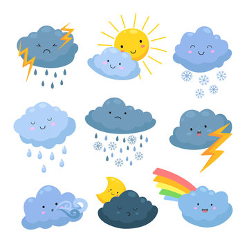 Cartoon weather clouds. Rain, snow elements. Heavenly cloudy shapes, storm and lightning, sun and moon. Meteorological forecast vector set. Illustration rain and snow, storm and wind
