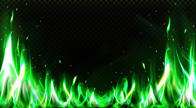 Realistic green fire border, burning flame with sparkles isolated on transparent background. Bonfire blaze glowing effect, shining magic flare frame design element 3d vector illustration, clip art
