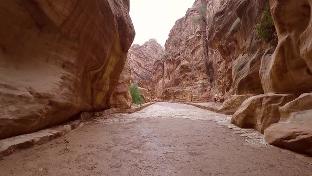 Camera moves along the gorge near the treasury of Al Khazneh. Walking inside the Al Siq Canyon old near water canal in ancient city of Petra to main entrance of the Treasury. Cinematic video footage.