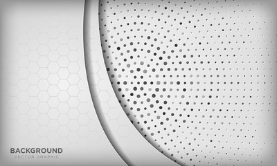 Abstract white dimension overlap background with hexagon pattern on silver radial halftone. Vector illustration.