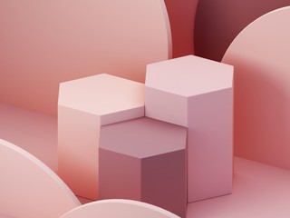 Minimal scene with podium and abstract background. Geometric shapes. Pastel colors scene. Minimal 3d rendering. Scene with geometrical forms and textured background for cosmetic product. 3d render. 