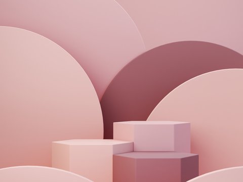 Minimal scene with podium and abstract background. Geometric shapes. Pastel colors scene. Minimal 3d rendering. Scene with geometrical forms and textured background for cosmetic product. 3d render. 
