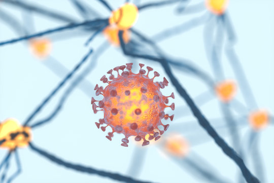 Dispersed corona viruses with nervous system background, 3d rendering