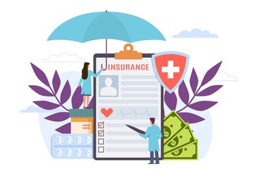 Health insurance. Healthcare, finance and medical service, drugs cost calculating. People health protection vector landing page