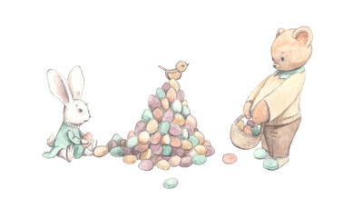 Watercolor bears and easter bunny with colored eggs Happy vintage Easter