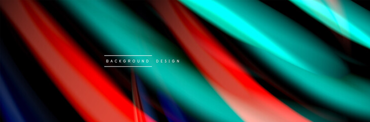 Silk and smooth flow wave poster design. Color waves, liquid style lines and shapes in black color background