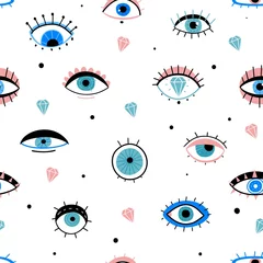 Tapeten Auge kritzelt nahtloses Muster. Handgezeichnete verschiedene Augen-Talismane, verschiedene Formen mystische Elemente, trendige Druckstoffdesign-Vektortextur © YummyBuum