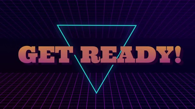 VHS retro animation with appearing neon triangle and text get ready. The grid moves forward. Retro style. Video games from the 80s. Motion graphics.