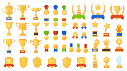 Awards flat. Different sport trophy, golden cups medals and laurel wreaths and prizes, winners star symbols design vector icons
