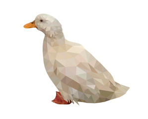 Low poly triangular duck on white background, vector illustration isolated.  Polygonal style trendy modern logo design. Suitable for printing on a t-shirt.