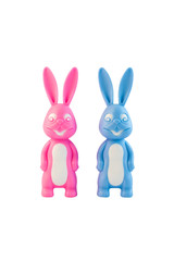 Cute bunnies set, happy lovers couple on white background isolated front back view. Pink and blue rabbits. Creative animals, minimal Valentine's day card, family love, dating concept. Easter banner.