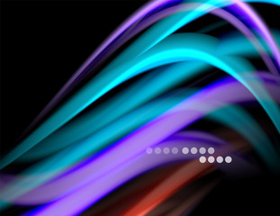 Silk smooth lines on black, liquid fluid color waves. Vector Illustration