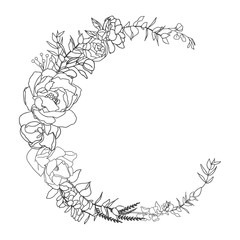 Elegant delicate wreath. Black and white linear hand drawing. Decoration wedding invitation design, envelopes, greeting card template. Vector illustration