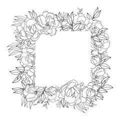 Elegant delicate floral frame. Black and white linear hand drawing. Decoration wedding invitation design, envelopes, greeting card template. Vector illustration