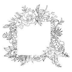 Elegant delicate floral frame. Black and white linear hand drawing. Decoration wedding invitation design, envelopes, greeting card template. Vector illustration