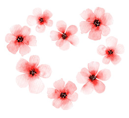 Elegant hand drawn watercolor florals element combined into a heart frame. Valentine's love design. Red pink loose watercolour flowers