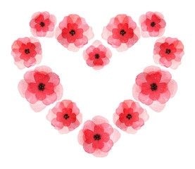 Elegant hand drawn watercolor florals element combined into a heart frame. Valentine's love symmetric design. Bright and pastel red loose watercolour flowers