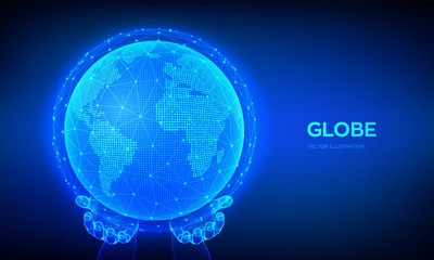 Earth globe illustration. World map point and line composition concept of global network connection. Blue futuristic background with planet Earth in wireframe hands. Vector illustration.