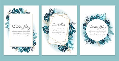 Set of Colorful greeting cards with exotic leaves. Vector template