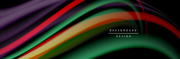 Сolorful flow poster. Wave liquid lines and shapes in black color background. Vector Illustration