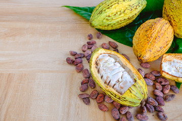 Cocoa fruit background with cocoa pods and cocoa beans.