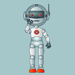 emoticon robot keeps his mouth shut by closing the zipper with his hand, funny cartoon character with expression, vector illustration