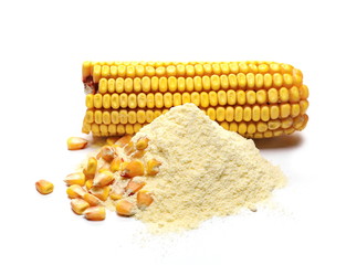 Corncob with kernels and corn flour isolated on white background