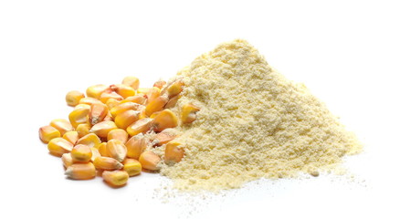 Corn flour with kernels pile isolated on white background