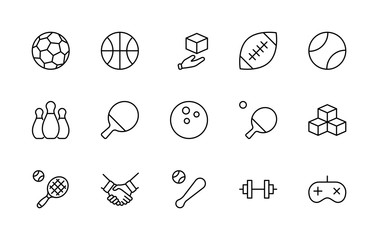 Fototapeta premium Set of Sports balls, hobbies, entertainment vector line icons. It contains symbols of football, basketball, bowling, tennis and much more. Editable Stroke. 32x32 pixels.