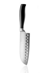 Chrome kitchen knife with stitching on the blade on the table with reflection