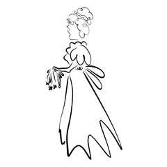 Discouraged bride with bulging eyes and wilted bouquet of flowers